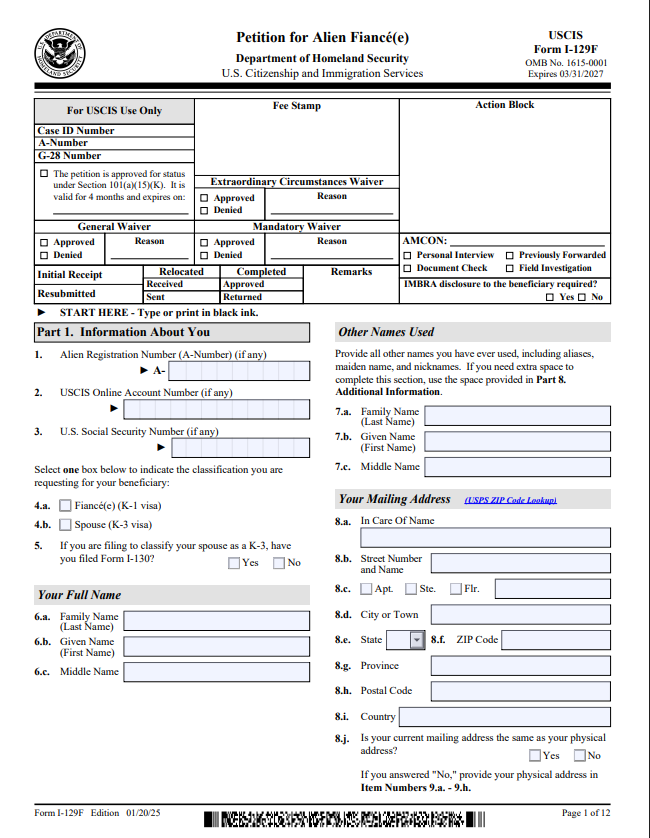 I-129F – Petition for Alien Fiancé(e) Form Preparation Service