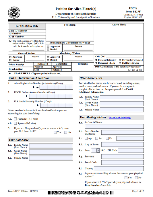 I-129F – Petition for Alien Fiancé(e) Form Preparation Service