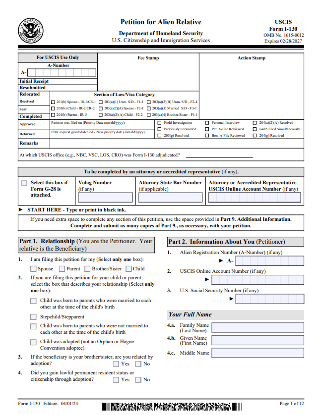 I-130 – Petition for Alien Relative Form Preparation Service