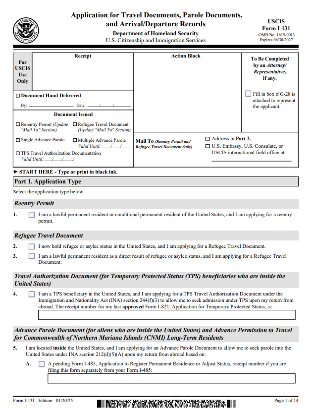 I-131 – Travel Document / Advance Parole Form Preparation Service