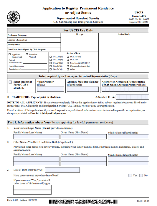 I-485 - Application to Register Permanent Residence or Adjust Status Form Preparation Service