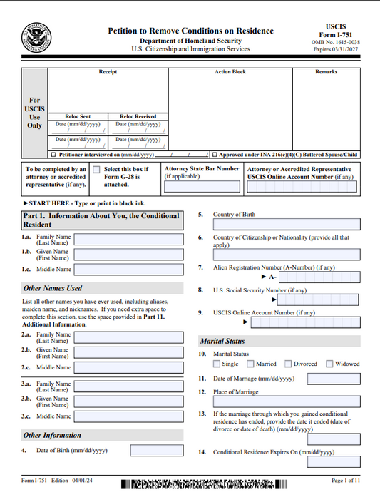 I-751 – Petition to Remove Conditions on Residence Form Preparation Service