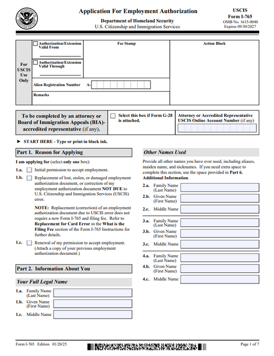 I-765 – Application for Employment Authorization Form Preparation Service