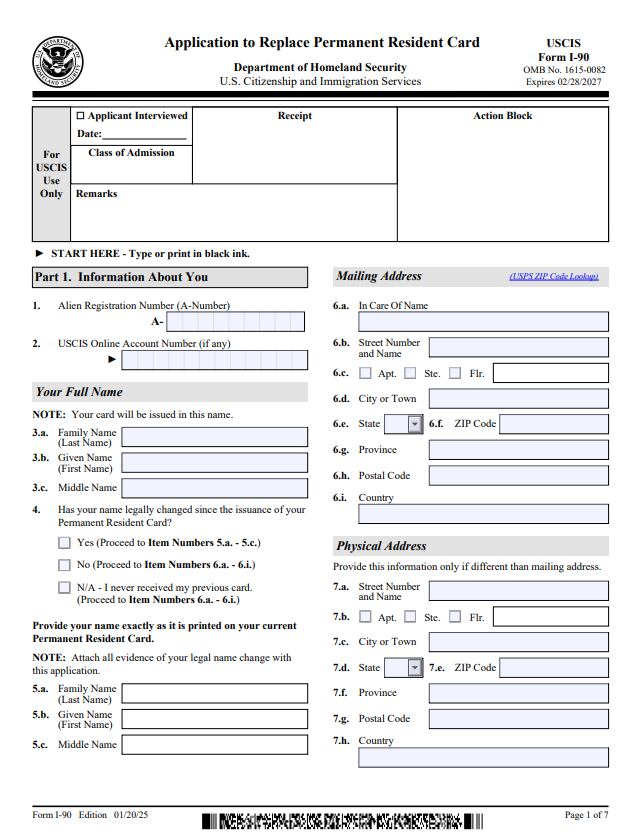 I-90 - Application to Replace Permanent Resident Card (Green Card) Form Preparation Service