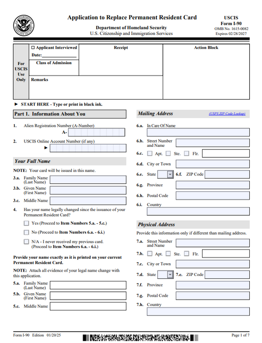 I-90 - Application to Replace Permanent Resident Card (Green Card) Form Preparation Service