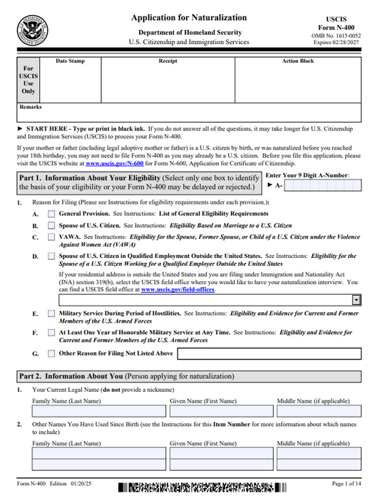 N-400 – Naturalization / Citizenship Form Preparation Service
