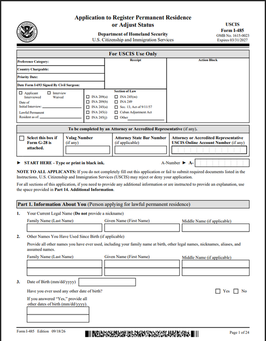 I-485 - Application to Register Permanent Residence or Adjust Status Form Preparation Service