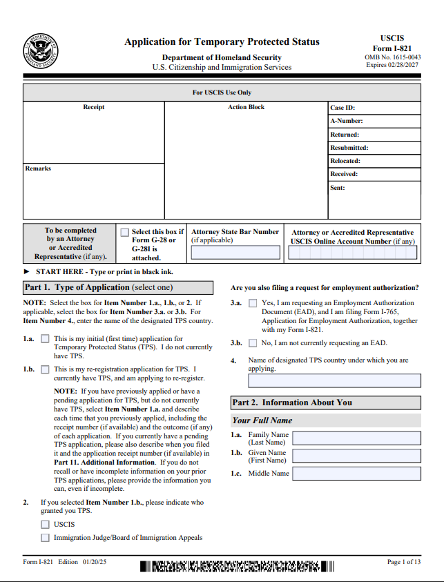 I-821 – Temporary Protected Status (TPS) Form Preparation Service